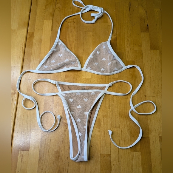 Heart Pattern Mesh Bikini Set Micro Triangle Bra Top & Thong Size Small NWOT - Picture 5 of 7